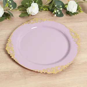 20-Pack Economy Plastic Round Charger Plates 13" in Lavender Lilac with Gold Embossed Baroque Rim, Stylish Dinner Party Serving Plates