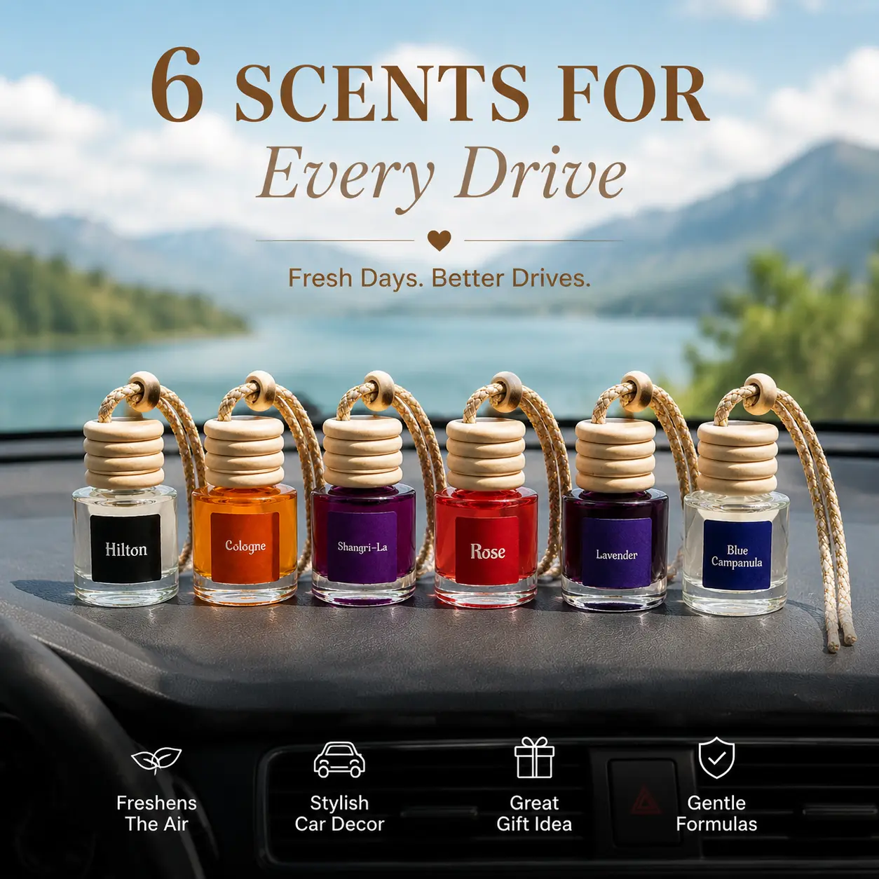 Car Air Freshener Hanging Diffuser with 6 Premium Scents, Stylish Scent Oil Pendant for Rearview Mirror, Long Lasting Car Fragrance, Aesthetic Car Interior Decor & Gift Idea