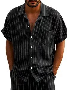 Men's Linen Floral Shirt, Vertical Stripes, Button Front, Loose Fit, Breathable, Casual Short Sleeve, Summer Fashion