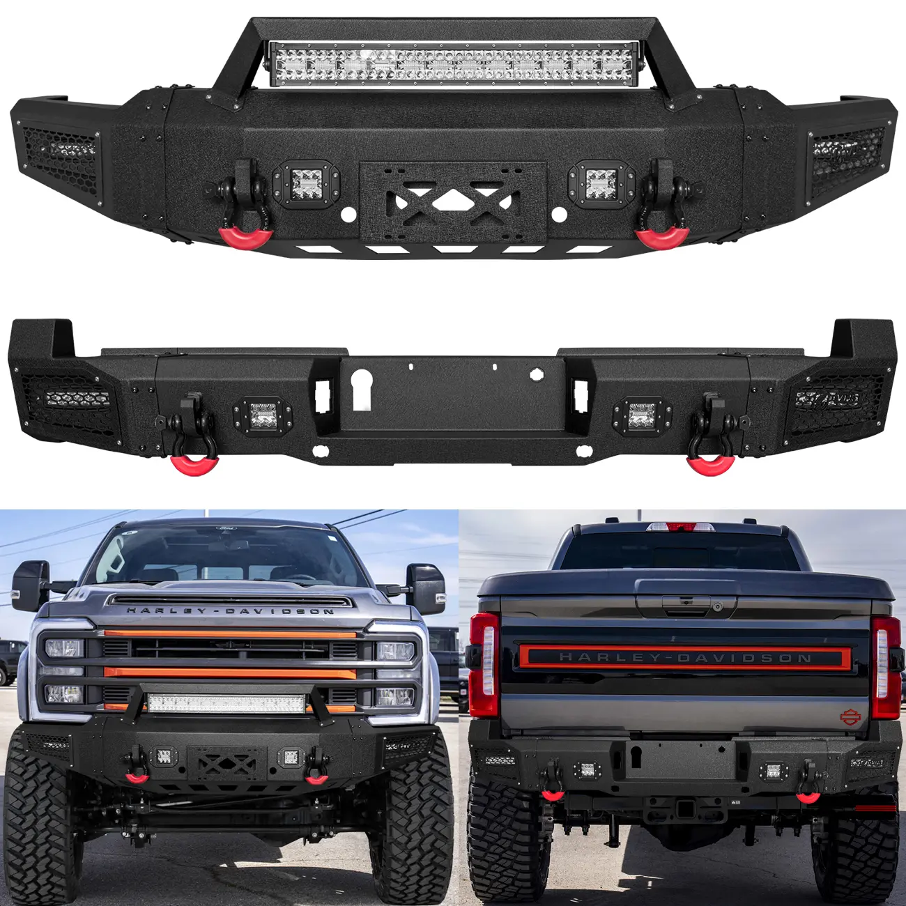 Vijay Front & Rear Auto Replacement Bumper, Compatible with 2023-2026 Ford F250 F350 450 Super Duty 2x4, W/Winch Plate, LED Lights, 4.75-t D-Rings, Fast Shipping, 30-Day Money-Back Guarantee