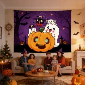 Halloween Horror Theme Wall Tapestry – Skeleton Pumpkin Ghost Backdrop for Home & Party Decoration