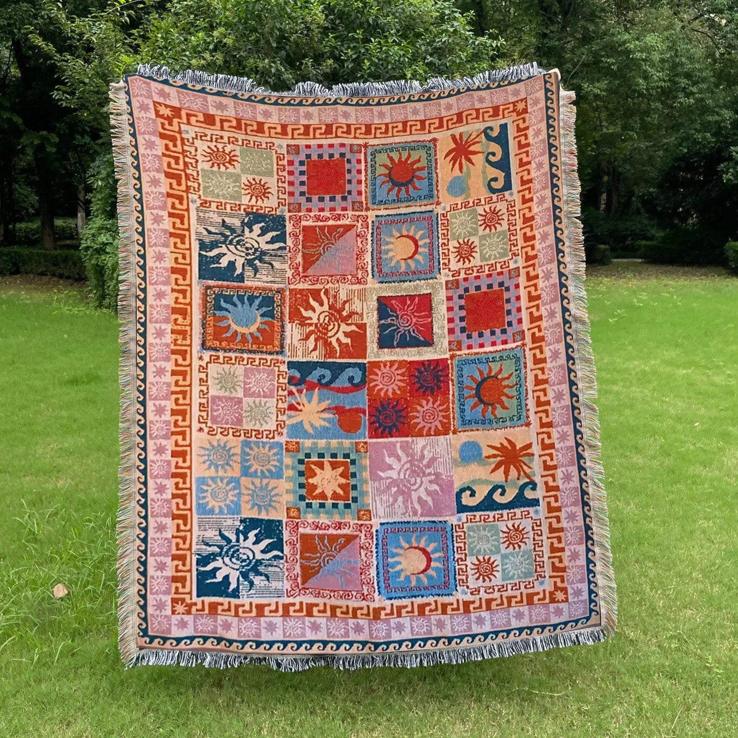 Grid-like sun and moon Pattern Design Bohemian Bed Blanket, Throw Blanket, Decorative Blankets - Yarn Thick Breathable with Tassels for Home Decor, Shawl, Tapestry, Yoga, Couch, Sofa, Chair, Tablecloth, Not Printed, No Faded, No Pilling