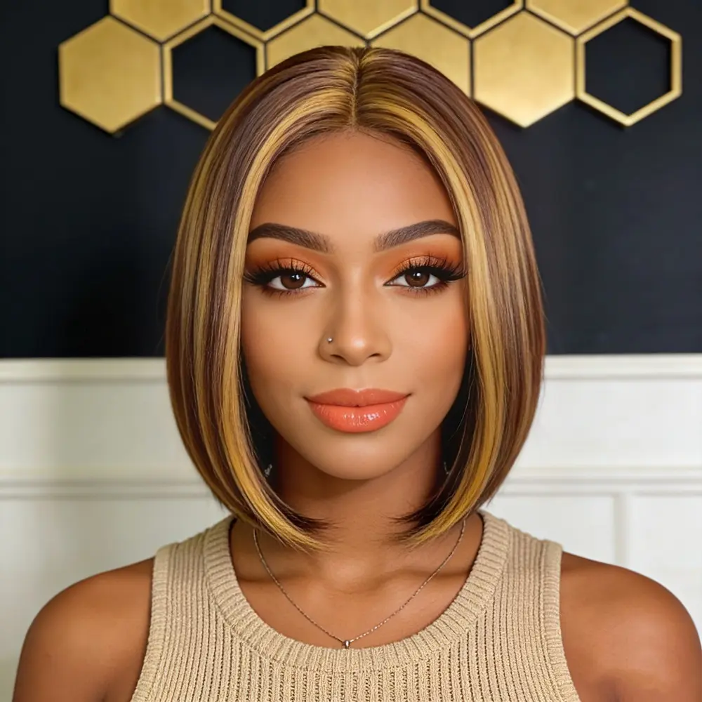 Unisex 12-Inch Chic Honey Blonde Highlight Middle Part Bob Cut Synthetic Hair Wig - Glueless, Silky Straight, Wear & Go, Pre-Styled for Beginners