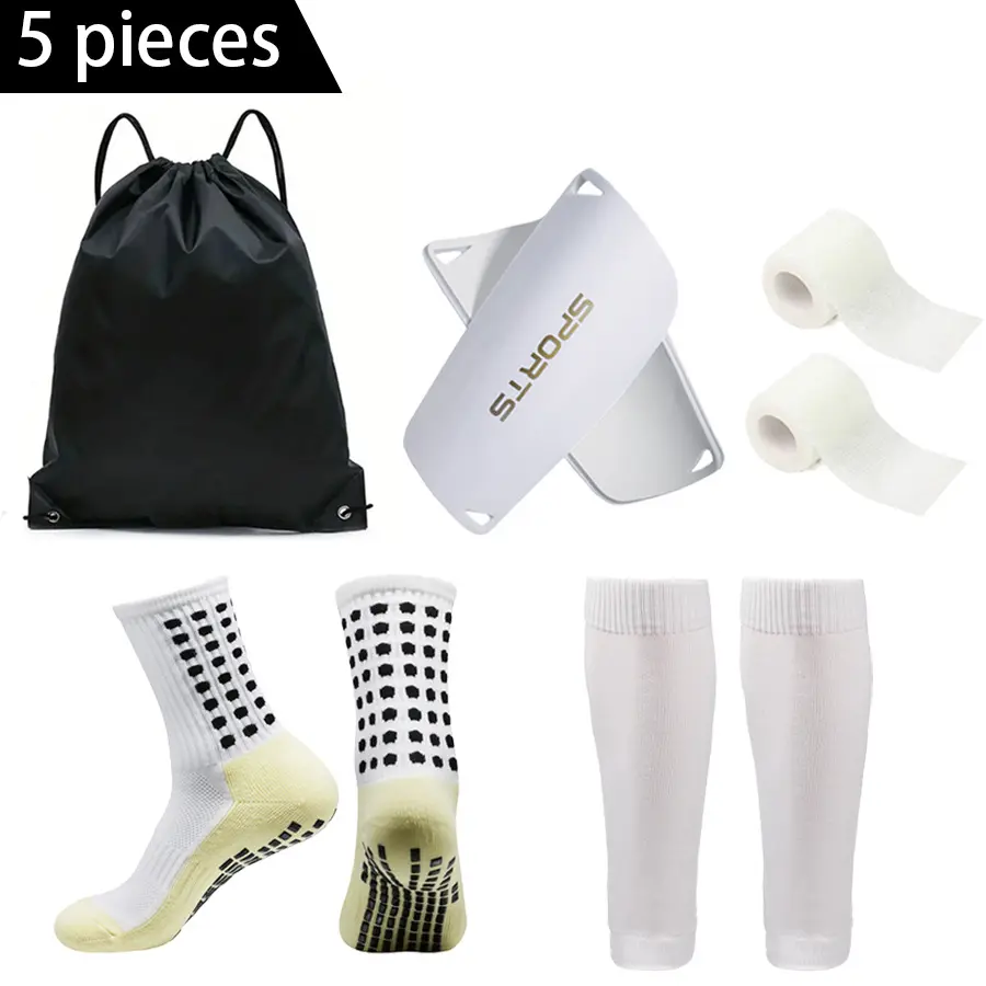 Adult Soccer Shin Guards Kit - 5Pcs Set with Anti-Slip Sports Socks, Calf Sleeves, Tape and Storage Bag