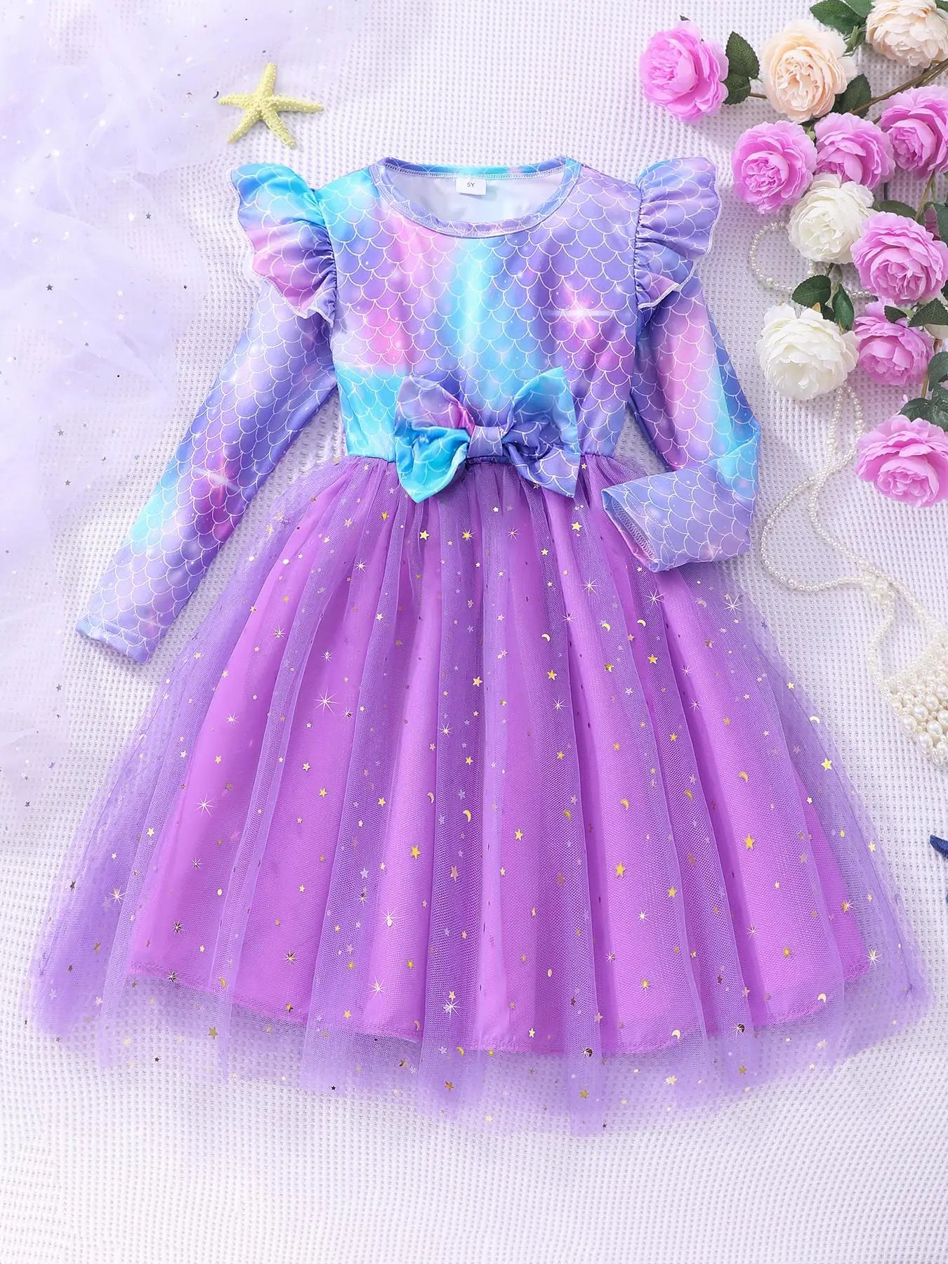 Girl's Fish Scale Print Bow Decor Contrast Mesh A Line Dress, Cute Long Sleeve Round Neck Dress for Party Holiday, Kids Clothes for Fall & Winter