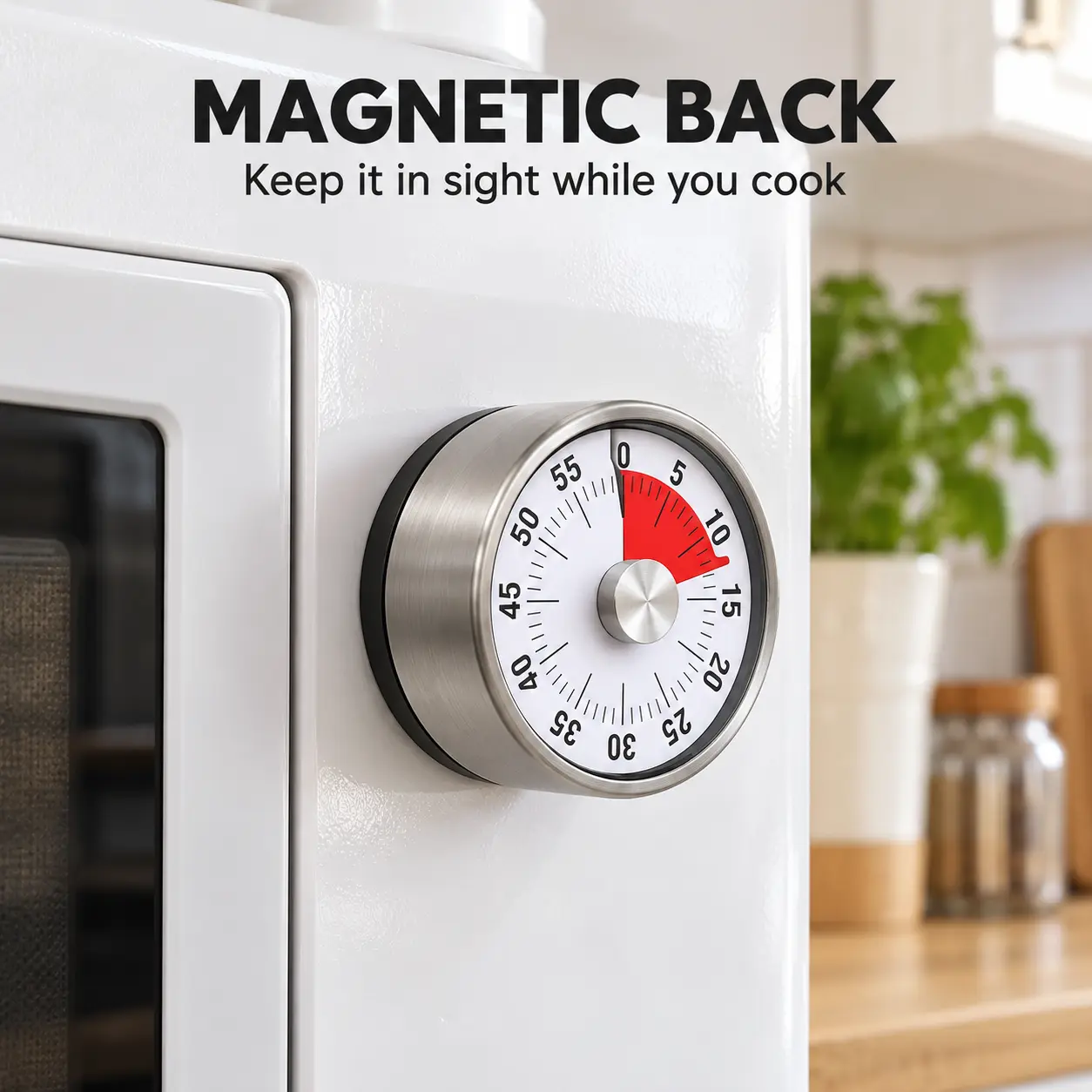 60-Minute Mechanical Kitchen Timer, Stainless Steel Magnetic Countdown Timer with Red Visual Dial and Ringing Alarm, Battery-Free Timer for Cooking, Baking, Studying and Home