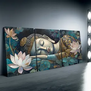 2D Flat Framed Surface, Three Panel Frame Canvas Painting - Peaceful Buddha in Lotus, Ready to Hang Spiritual Decoration, Perfect Gift for Friends or Family, Zen Home Decor, Wall Decoration, Tranquil Room Decoration, complex design