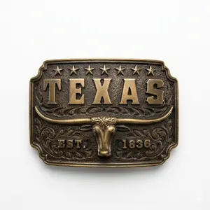 Texas Heritage Longhorn Belt Buckle - Men's Accessories, Hook Closure, Antique Gold Metal Finish, Western Filigree, 1836 Republic of Texas Anniversary Edition, 3.5"x2.5" Cowboy Fashion Accessory