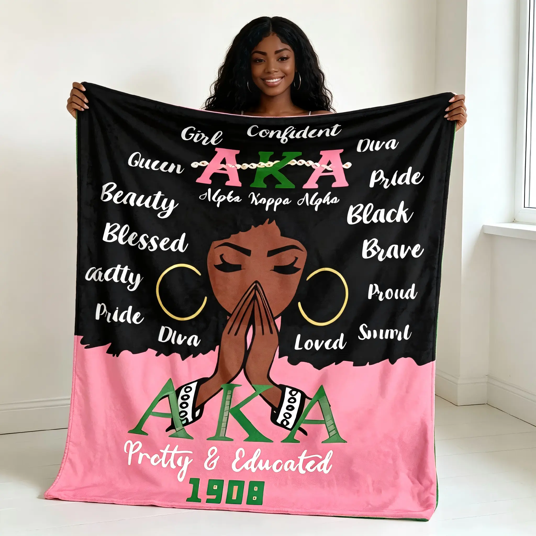 Aka Alpha Kappa Alpha Black Girl Queen Diva Pride Beauty Pattern Print Blanket Four Seasons Home Travel Camping Flannel Throw Blanket Bedroom Coach Decor Family Friends Birthday Christmas Gift LXR f131