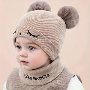 NewNewChildren'S Comfortable Knitted Pom-Pom Hats - Hand Washable Stretch Fabric, Featuring Letter Design, Warm Ear Cover Hat.