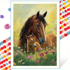 1 Complete 5D Diamond Painting Kit - Horse and Foal Design, 29.97x40.13cm, Full Round Drill with Tools, Vibrant Canvas Wall Art for Beginners, Frameless, Ideal Mother'S Day Gift, Horse Decor