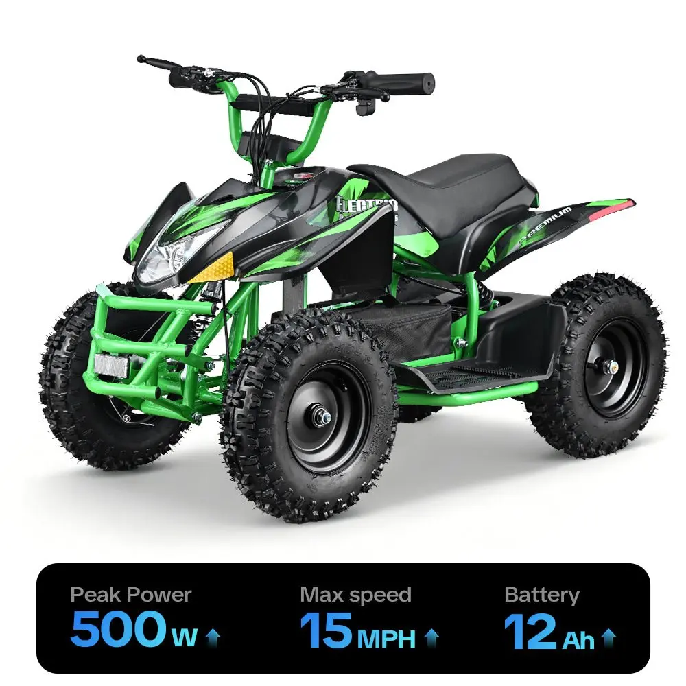 HOVER HEART 500W Electric ATV, 36V 12Ah Battery Powered 4 Wheeler, 10/15 MPH Dual Speed, 12-15 Miles Range, Front & Rear Suspension, Disc Brakes, LED Headlight, All-Terrain Off-Road Quad
