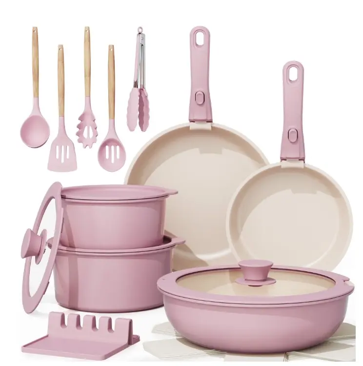 Astercook 20-Piece Ceramic Nonstick Compact Cookware Set - Detachable Handles, Oven Safe, Induction Compatible, Stackable Pots and Pans (Pink)