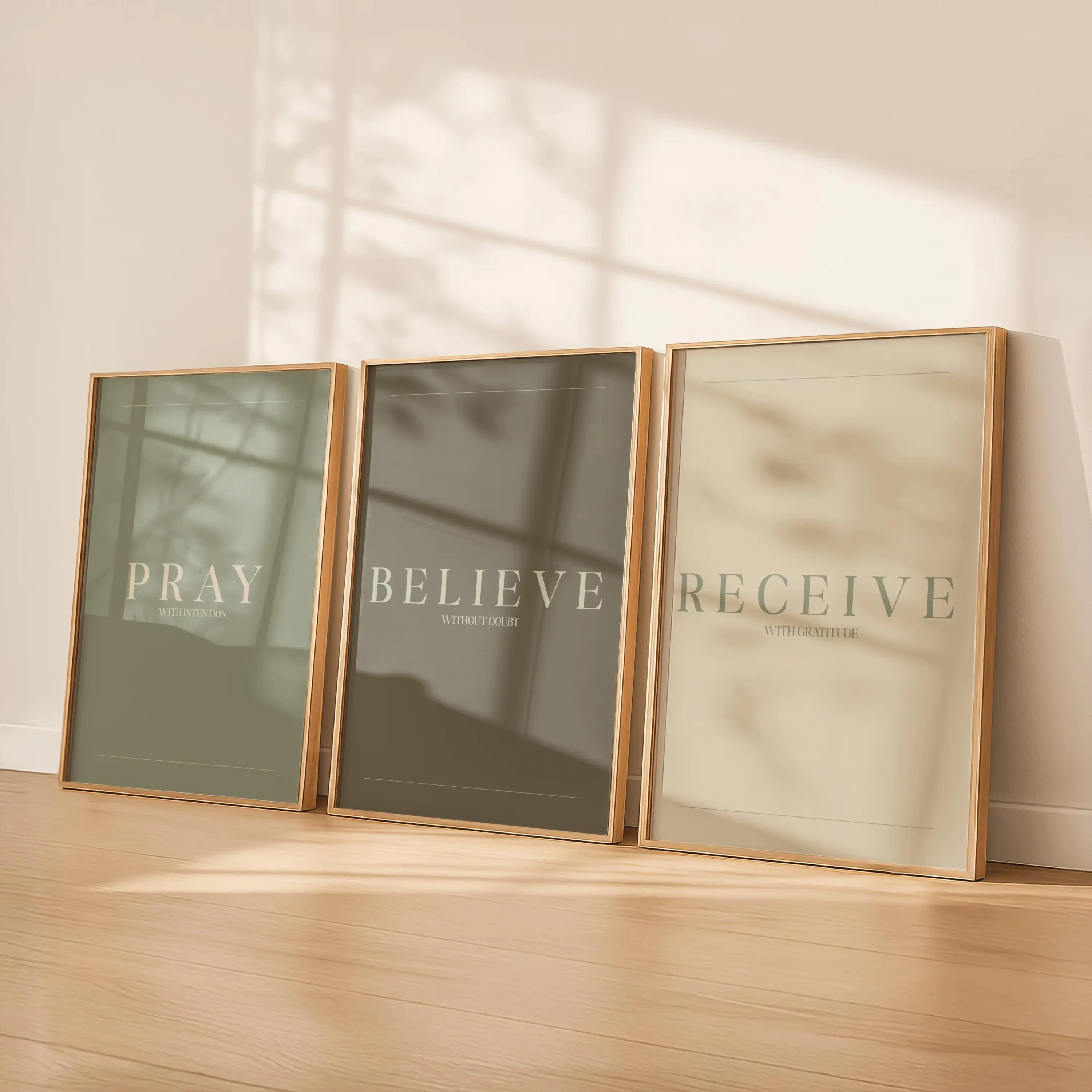 Set of 3 Pray Believe Receive Sage Green Poster Unframed  | Christian Printable Set | Minimalist Faith Decor | Scripture Quote Prints | Neutral Bible Trio