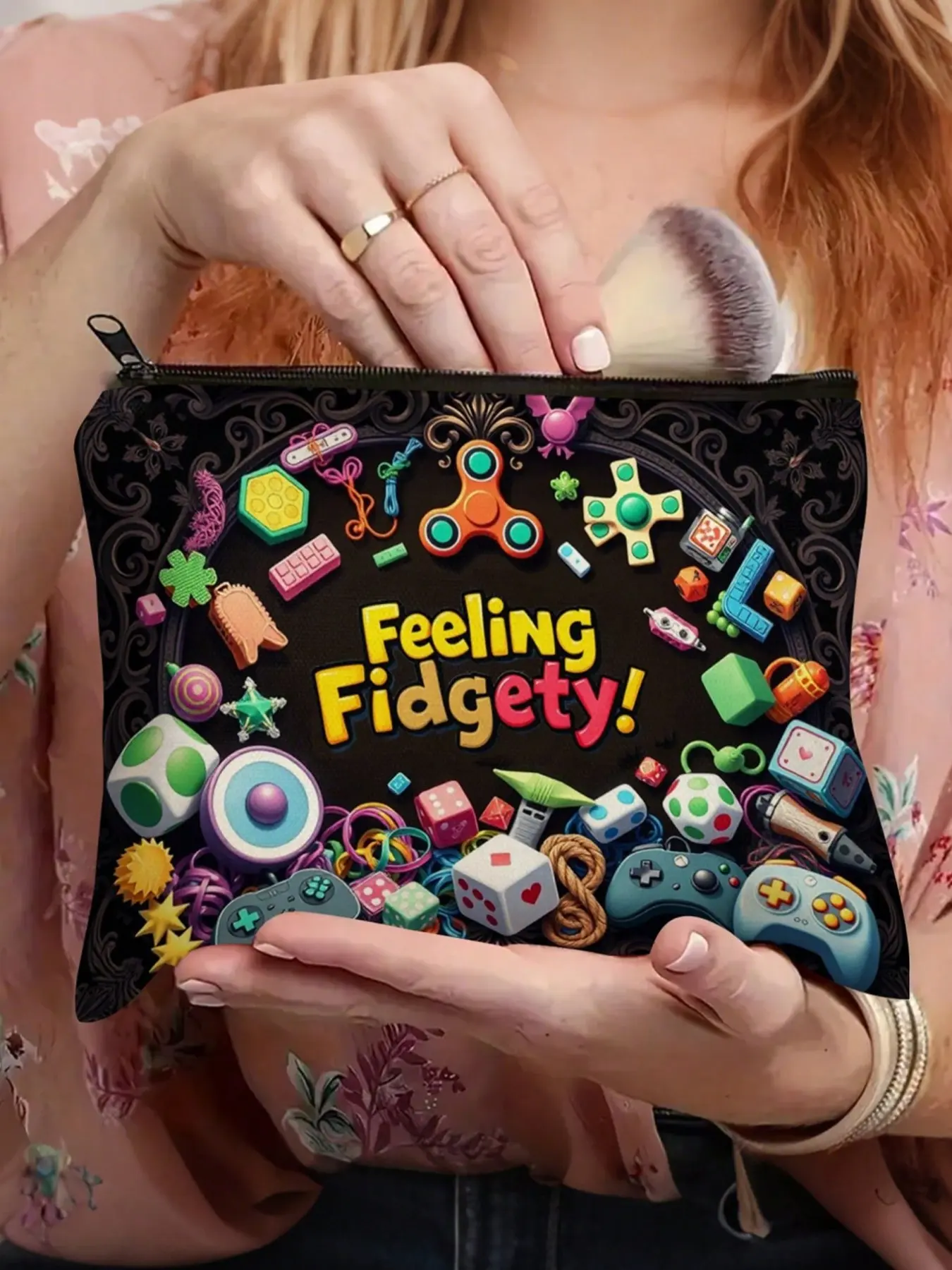 Feeling Fidgety Fidget -Themed Makeup & Accessory Organizer Pouch - Fidget Spinner & Sensory Disorder-Friendly Design, Beige Case for Gadgets, Supplies, Travel Essentials ( & s) Handheld Cosmetic Pouch