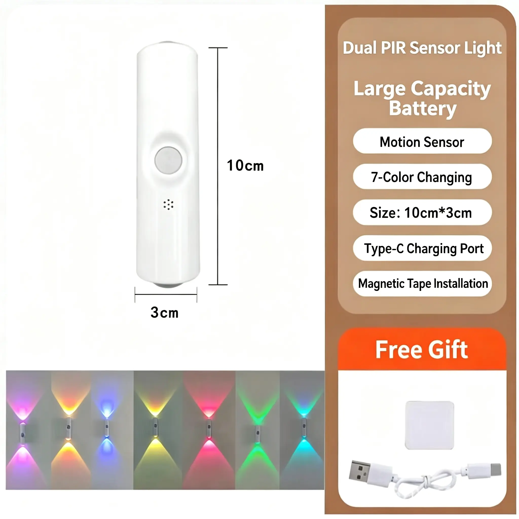 RGB Color Changing Rechargeable Magnetic LED Motion Sensor Wall Lamp - 7 RGB Color Changing Lighting, USB-C Charging, USB Powered, Wall Mounted, Portable Auto-On Night Light for Bathroom, Corridors, Closets Decor