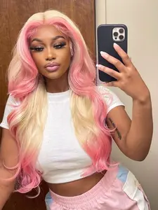 Pink Blonde Lace Front Wigs For Women Colored Body Wavy Frontal Lace Wig Long Curly Hair Highlight Wig Pre-Plucked Curly Hair Natural Hairline High Density Glueless Synthetic Lace Front Wigs For Christmas KPOP Daily Party Wig Glueless Hd Wigs