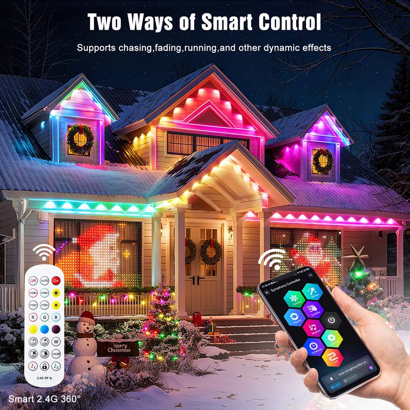 Smart RGB Permanent Outdoor Lights for House 100FT/200FT RGB+IC Eave Lights with DIY Color IP67 Waterproof App & Remote Control 72 Scene Modes for Christmas Holiday & Daily Decor