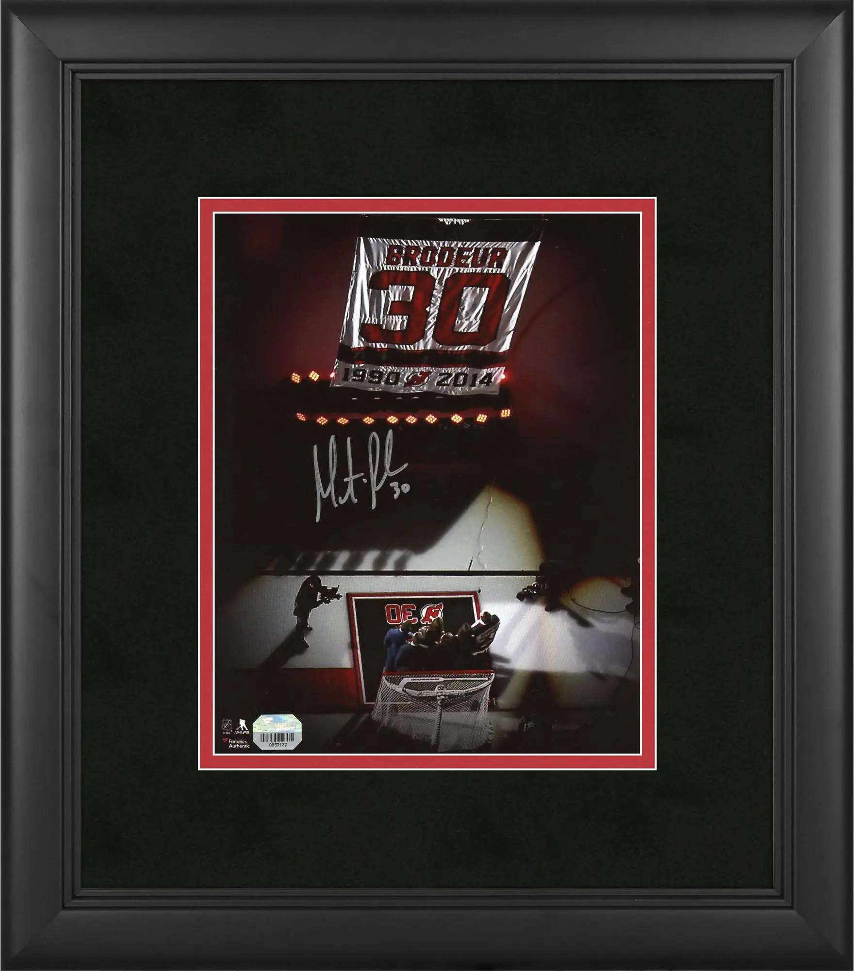 Martin Brodeur New Jersey Devils Framed Autographed 8" x 10" Jersey Retirement Night Banner Raising Photograph - Fanatics Authentic Certified