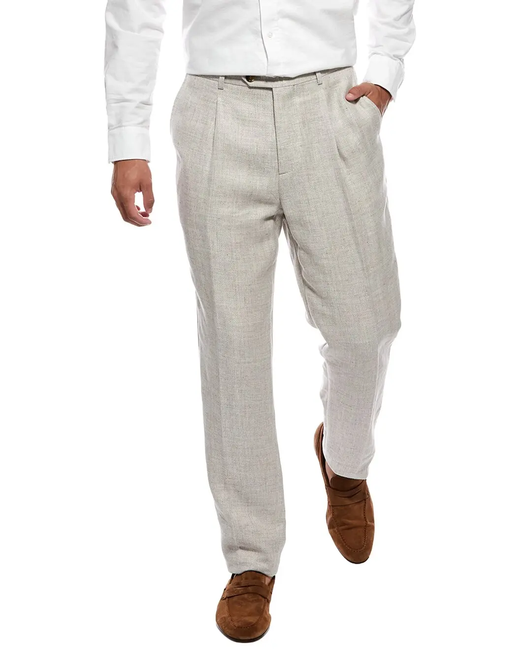 BRUNELLO CUCINELLI MEN'S BEIGE LINEN WOOL TROUSERS