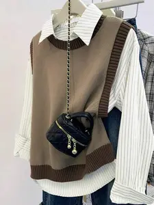Women's Casual Loose Color Block Vest, Stylish Sweet Fashion Sweater Top for Spring & Autumn, Versatile Chic Knit Layering, Casual Sleeveless Vest