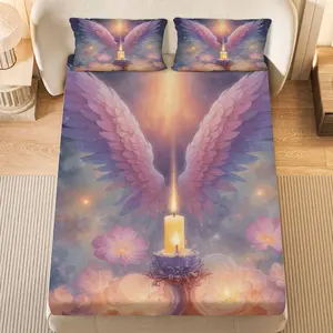 3Pcs Angel Wing Candle Light Fitted Sheet Three Piece Set (1*Fitted Sheet+2*Pillowcases, Coreless), Christmas theme, Spiritual Heavenly Bedding Set, Mattress protector Soft, Breathable