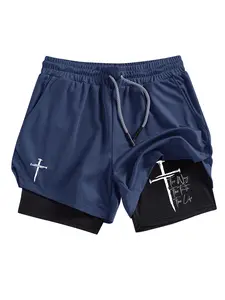 Men's Dual Layer Multi-Pocket Shorts with Cross Nail Print, Summer Quick-Dry Breathable Sporty Gym Shorts for Running and Fitness, Active Athletic Shorts, Athleisure Shorts