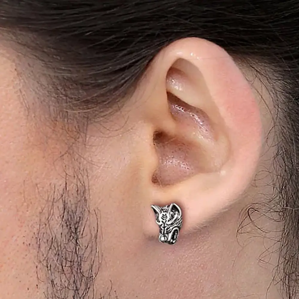 FaithHeart Viking Wolf Stud Earrings For Men
