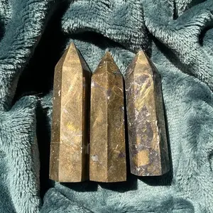 Natural Polished Bronze Pyrite Tower Point Healing Spiritual Energy Crystal Reiki Wand Obelisk Home Decor, Holiday Gifts