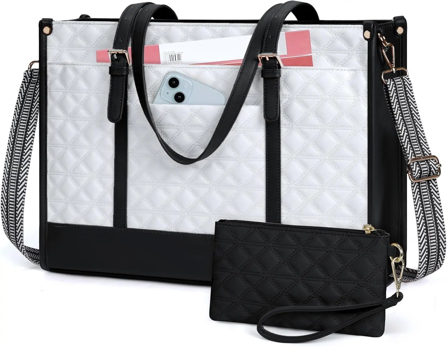 Laptop Bag for Women 15.6 Inch Vegan Leather Work Tote Bag Quilted Womens Briefcase Designer Laptop Bags for Office Teacher College Cute Computer Bag with Purse Professional Black with White