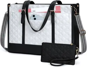 Laptop Bag for Women 15.6 Inch Vegan Leather Work Tote Bag Quilted Womens Briefcase Designer Laptop Bags for Office Teacher College Cute Computer Bag with Purse Professional Black with White