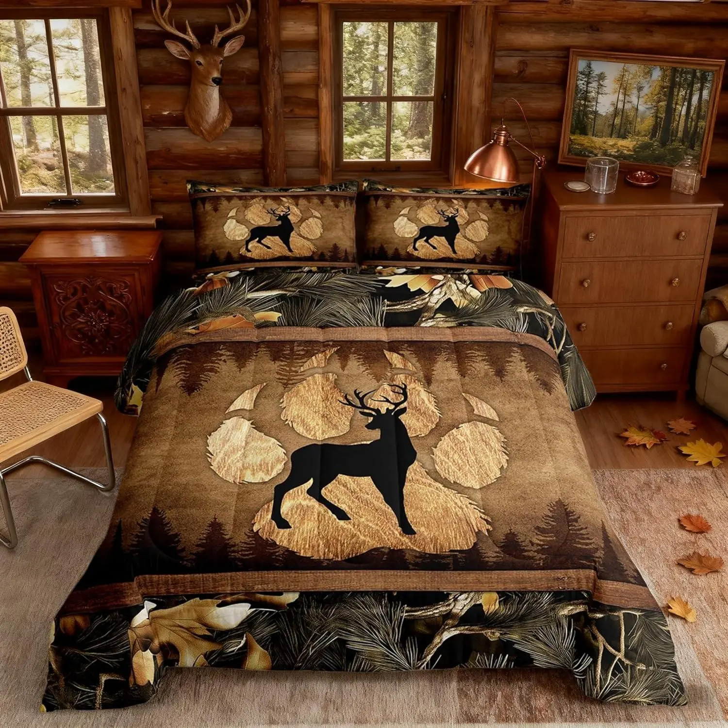 Deer Comforter Set,Wild Animal Paw Print Retro Plaid Bedding Set for Kids Teens Adults,Jungle Botanical Leaves Lodge Cabin Quilted Comforter