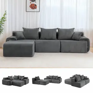 【FELIZPACE】 118" Corduroy Modular Sectional Sofa with Cup Holders, L-Shaped Cloud-Like Sofas with Movable Ottoman Side Pocket, Modern Boneless Couch for Living Room, 1500 lbs Weight Capacity, Gray