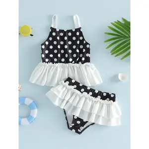 Toddler Girl Swimsuit Set Dot Print Spaghetti Strap Ruffle Tops and Thongs 2 Piece Bathing Suit Outfit