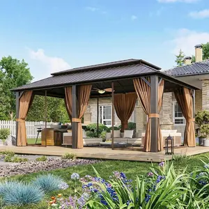 Aoxun Permanent Hard Top Metal Gazebo (10’x12’/20’x12’, Brown&Gray) – Galvanized Steel Double Roof, Mosquito-Resistant with Netting & Curtains, Patio Canopy, Sunshade, Outdoor Shelter for Lawn, Backyard Decor, Garden Decor