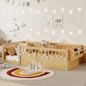 Twin Floor Bed Frame with High Rails, Wood Twin Size Floor Bed Frame with LED Lights & Storage Shelf, Safe & Wider Opening Gate Design, Playground & Sleep Space for bedroom,Natural