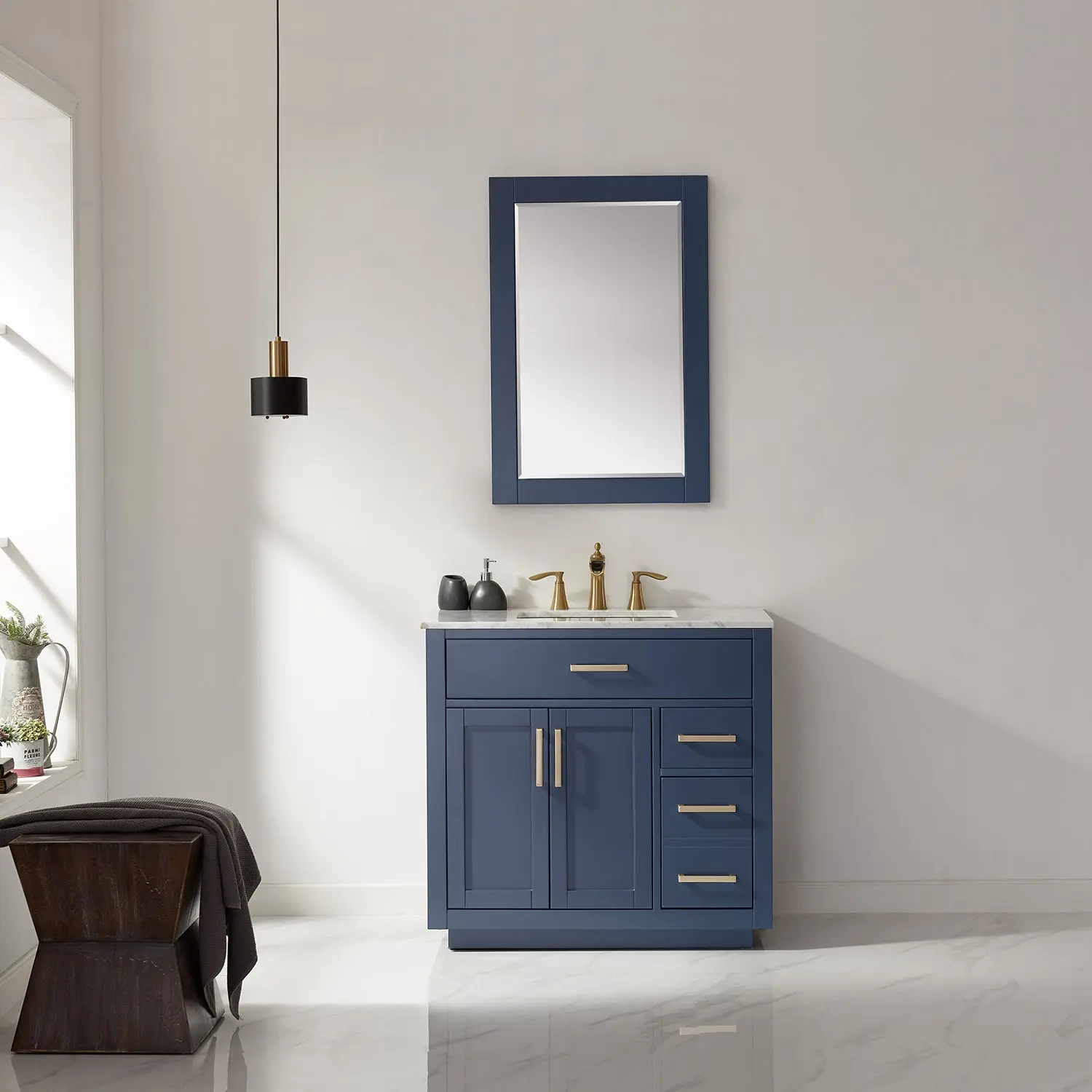 Altair Design Ivy 36" Single Bathroom Vanity Set in Royal Blue and Carrara White Marble Countertop