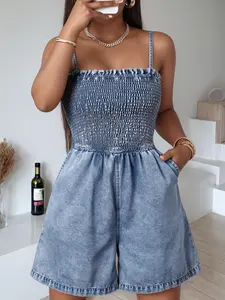 Casual Summer Style Ruched Backless Sleeveless Fitted Medium Wash Denim Jumpsuit, Womenswear, Women's Fashionable One-Piece, Perfect for Casual Wear