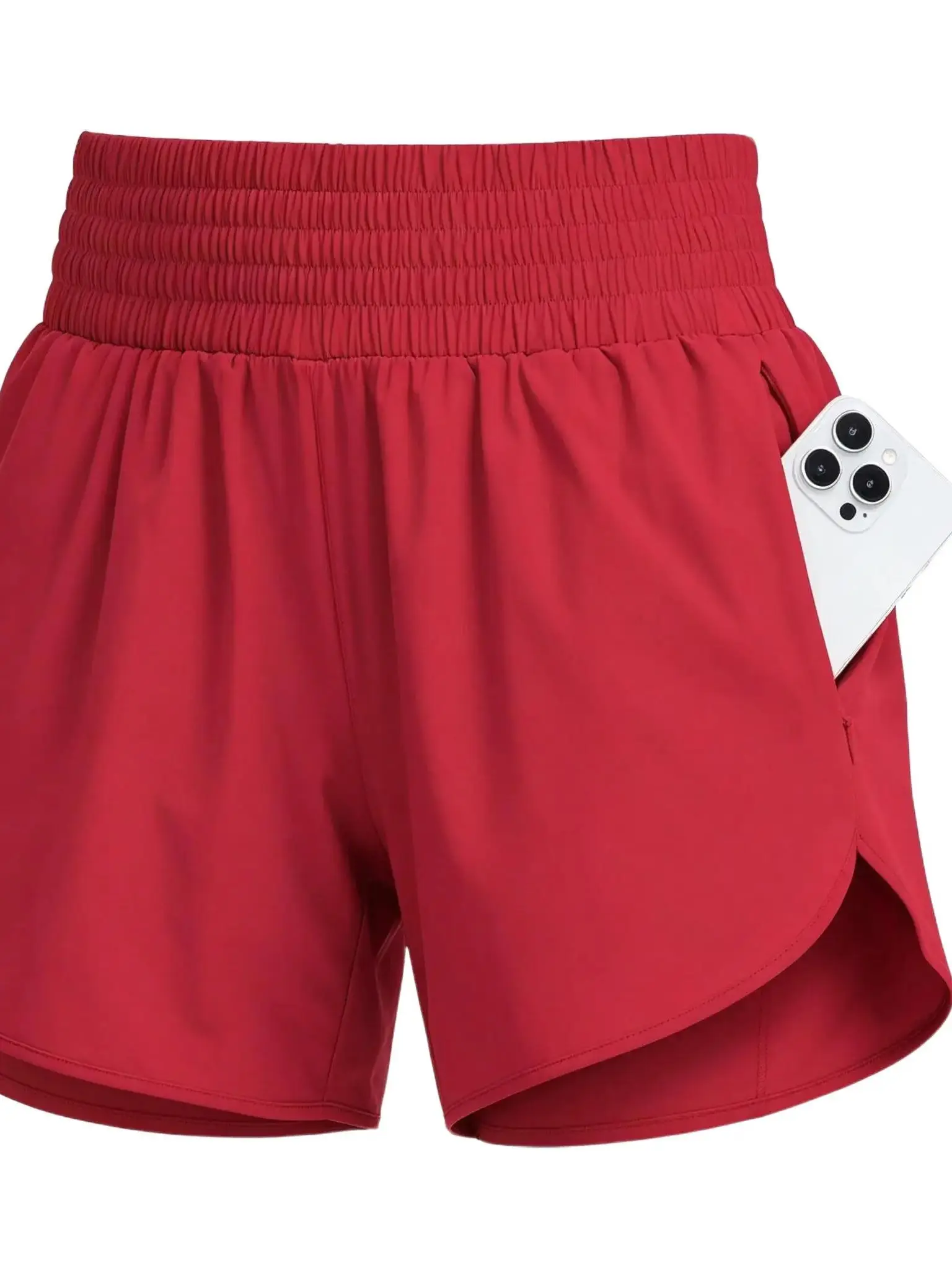 Women's Red Compression Shorts with Phone Pocket, Sporty Athleisure Wear for Female Gym Workouts & Active Fit, Sporty Chic, Phone Slot Women's Sports Shorts