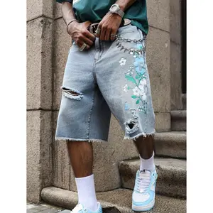 Manfinity Streetrush Men's Light Wash Ripped Denim Bermuda Shorts With Floral Retro Design Graphic Jean Shorts Men Men Floral Denim Shorts Ripped Denim Shorts