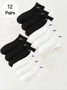 12 Pairs of Black and White Mid-Calf Socks Black and White Ankle Socks Highly Stretchy, Comfortable, Breathable, Sweat-Wicking Campus Sports Fashion Everyday Ankle Socks Solid Color Minimalist Athletic Socks Suitable for All Seasons