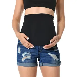 Women's Maternity High-Waist Distressed Trim Cuffed Hem Summer Casual Loose Fit Stretch Denim Shorts, Maternity Clothing Bottoms