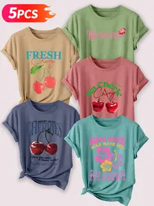 5PCS Cherry & Summer Themed Women's Casual Short Sleeve Crew Neck Cotton T-Shirt Set – Bestselling Graphic Print, Multicolor, Machine Washable Spring & Summer Top, Soft Skin-Friendly Fabric, Daily Versatile, Fashion Design Lady