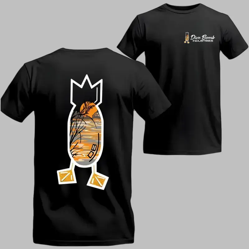 Dive Bomb Industries Hunting T Shirt, Sunset Outdoor Scene Logo Tee, Waterfowl Brand Duck Hunting Graphic, Outdoor Lifestyle Streetwear For Hunters, Unisex Casual Graphic T-Shirts For Men Women