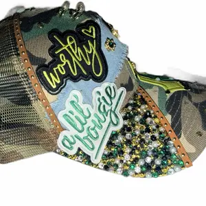 Camo Yellow & Green  "Worthy"  Trucker Hat - Rhinestone Detail, Adjustable, Lightweight Embroidered, Bedazzled Bling, Camo Brim Fashion Accessory Headwear, Rhinestone Hats