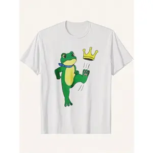 Frog Prince T-Shirt White Frog With Crown And Blue Scarf Cartoon Print For Casual Wear And Fun Outfits