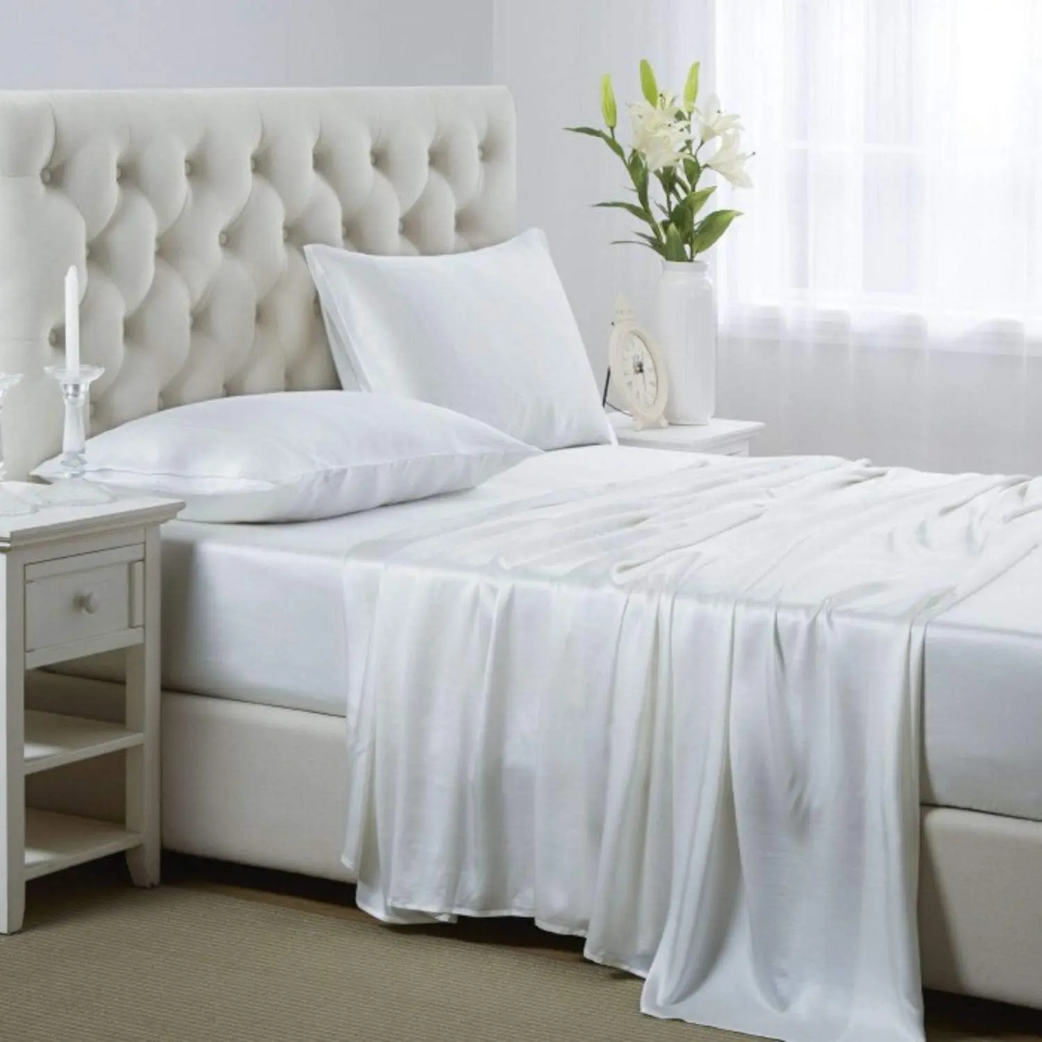 Silk Sheets, Queen Size Bed Sheet Set with Deep Pockets, Cooling Soft and Hypoallergenic Sheets Queen - Ivory