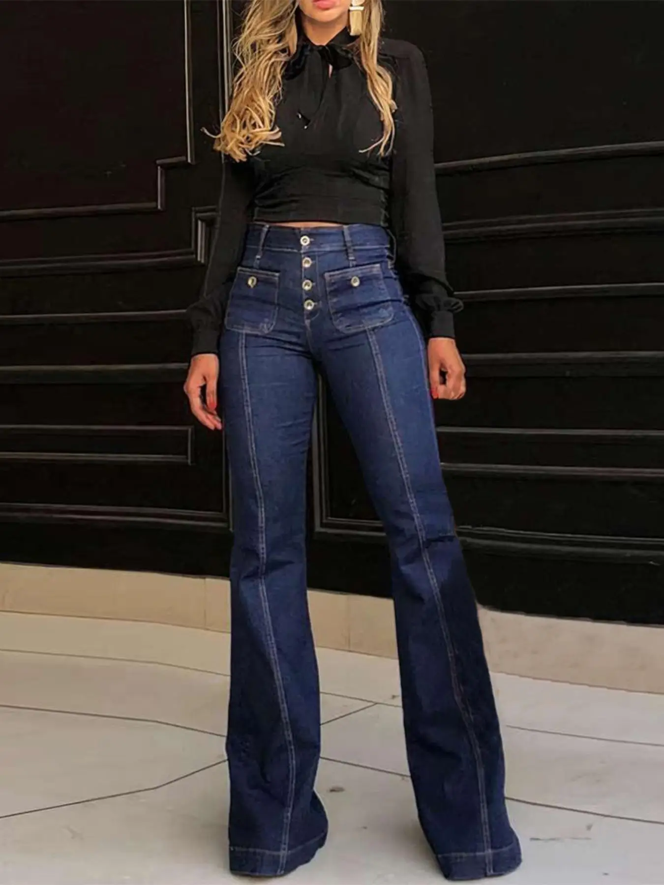 Women's Plain Button Pocket Flare Leg Jeans, Casual Basic Bell Bottom Denim Trousers for Daily Wear, Pants, Ladies Bottoms for All Seasons, Everyday W