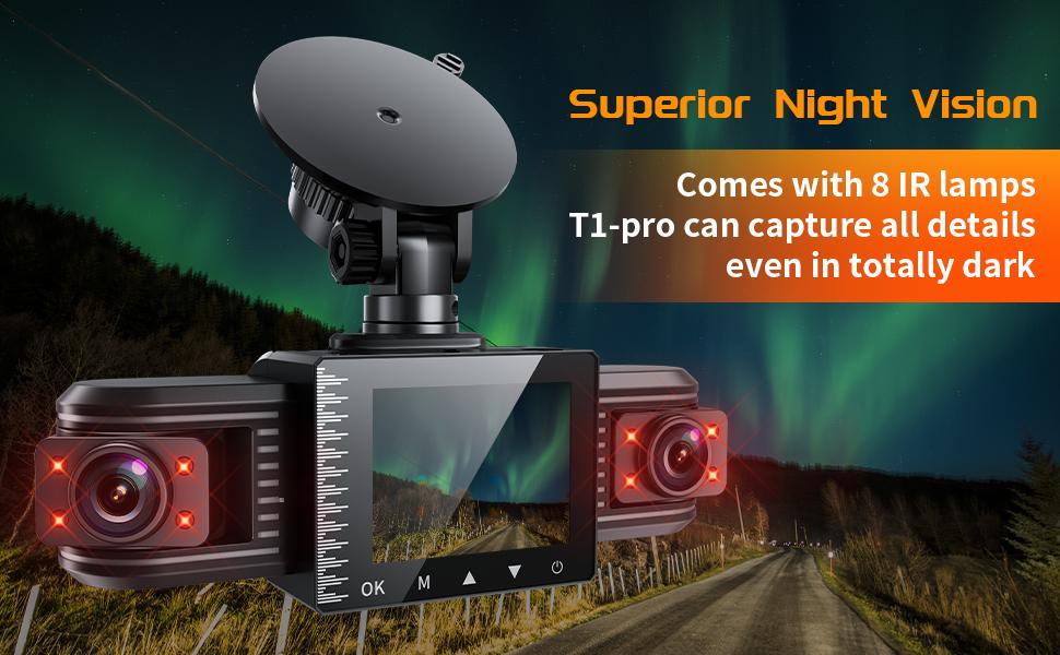 iiwey T1-pro Dash Cam Front and Rear Inside 3 Channel 1080P, Adjustable Lens Dash Camera for Cars with 8 IR Lamps Night Vision, Three Ways Triple Car Camera, Loop Recording, G-Sensor, Parking Monitor