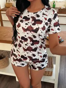 Women's Short Sleeve Striped Pyjama Set, Loose-Fitting Sleepwear, Casual Nightwear, Full Print Cow Pattern, Comfortable Loungewear, Cute Loungewear, Pjs, Pajamas, Homewear, Womenswear